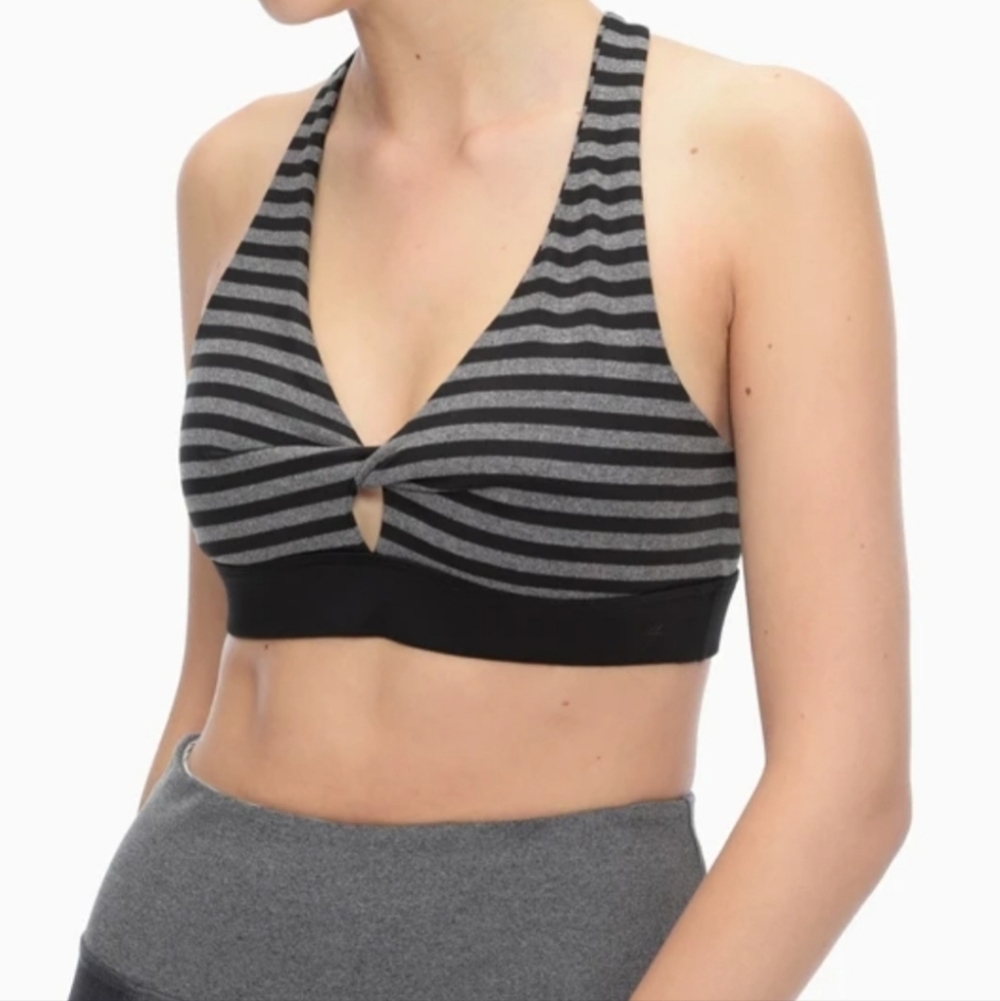 NWT SPLENDID Twist Front Striped Sport Bra Active Top Grey Black XS